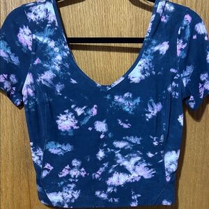 lululemon athletica Navy Blue Tie-Dye V-Neck Short Sleeve Top